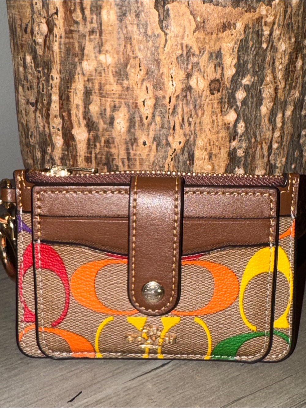 Coach Multicolor Signature Canvas Card Case with Brown Leather Trim & Dusty